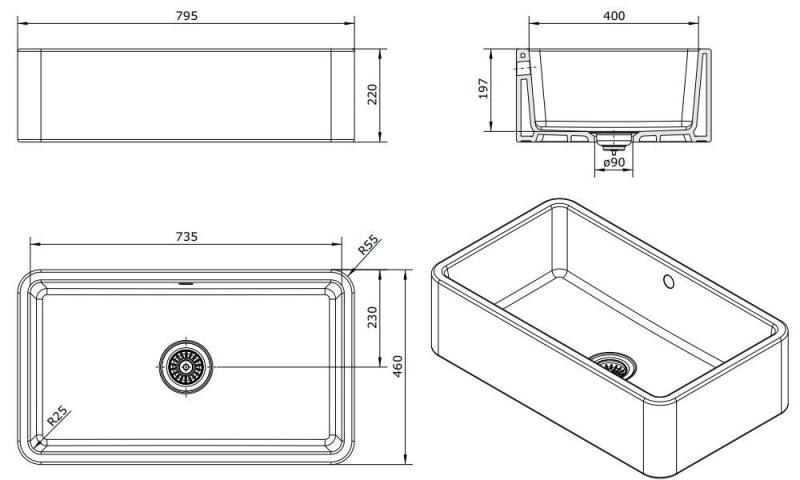 Ausmann Ceramic Mira Lavabo de cerámica blanco - Subestructura e interestructura 795 x 460 mm con tapón negro 1208971469