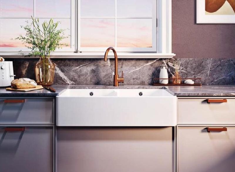 Ausmann Ceramic Mira Cerámica Blanca Doble Lavabo - Bajo encimera y Entre encimera 890 x 456 mm con Tapones de Cobre 1208971472