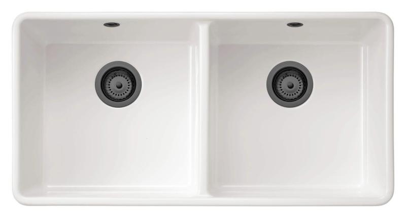 Ausmann Ceramic Mira Cerámica Blanca Doble Fregadero - Submontaje e Intermedio 890 x 456 mm con Tapones de Metal Gun 1208971473
