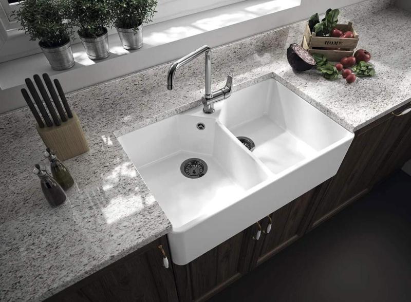 Ausmann Ceramic Mira Cerámica Blanca Doble Fregadero - Submontaje e Intermedio 793 x 450 mm con orificio para grifo y tapón color Gun metal (Gris plomo) 1208971478