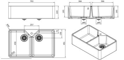 Ausmann Ceramic Mira Ceramic White Double Sink - Undermount and Intermediate 793 x 450 mm with faucet hole bench and Black plug 1208971479