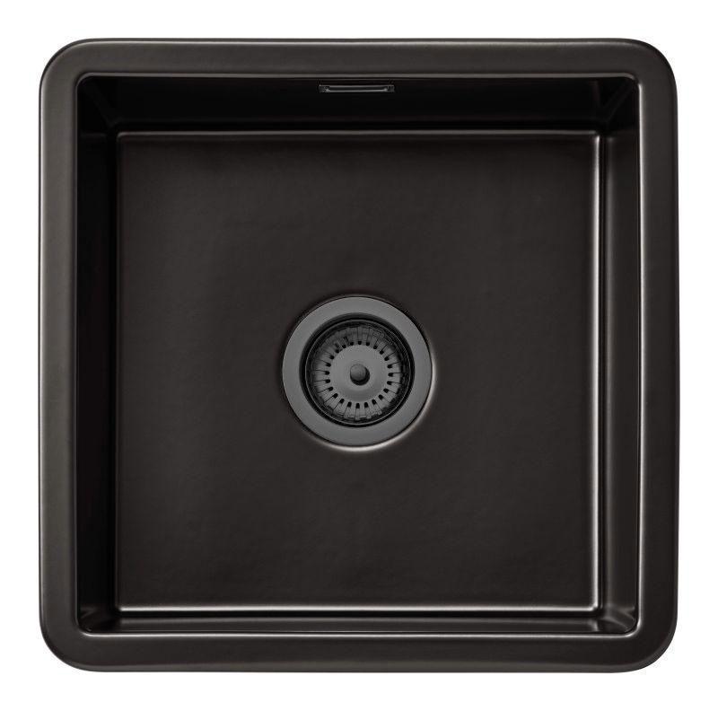 Ausmann Ceramic Ember Fregadero Cuadrado de Cerámica Mate Negro de Encimera y Submontaje 40 x 40 cm con tapón color Gun metal (Gris plomo) 1208971488