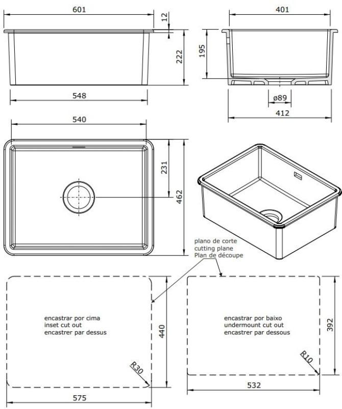 Ausmann Ceramic Ember Fregadero Cerámico Blanco - Montaje Superior e Inferior 54 x 40 cm con Tapón de Cobre 1208971492