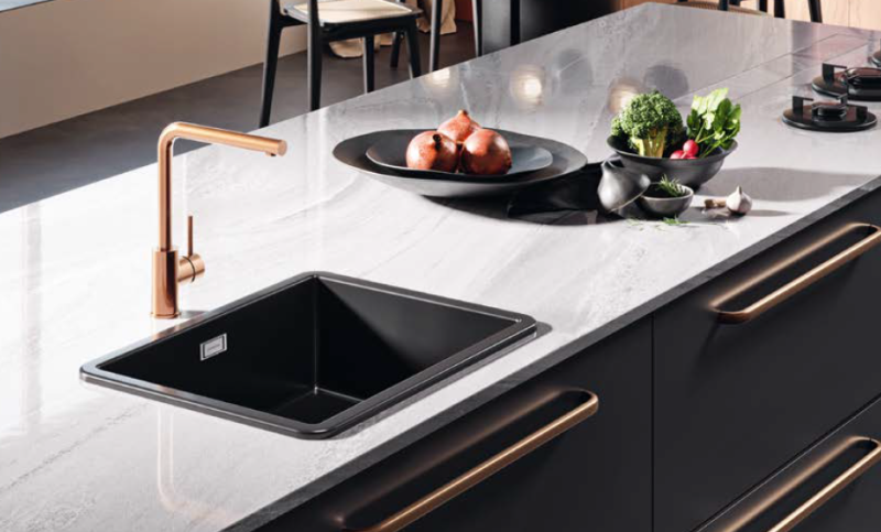 Ausmann Ceramic Ember Fregadero de Cerámica Mate Negro - Montaje Superior e Inferior 54 x 40 cm con Tapón Dorado 1208971496