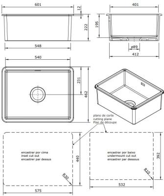 Ausmann Ceramic Ember Ceramic Mat Black Sink - Top Mount and Undermount 54 x 40 cm with Gun Metal Plug 1208971498