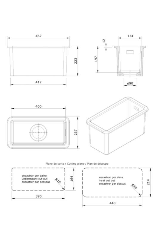 Ausmann Ceramic Ember Cerámico Blanco medio Fregadero de montaje superior e inferior 174 x 400 mm con tapon color Gun metal ( Gris plomo)  1208971503