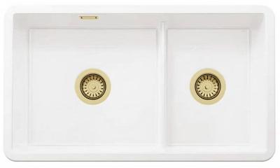 Ausmann Ceramic Ember Ceramic White One and a Half Bowl Sink Top Mount and Undermount 733 x 401 mm with Gold Plugs 1208971518