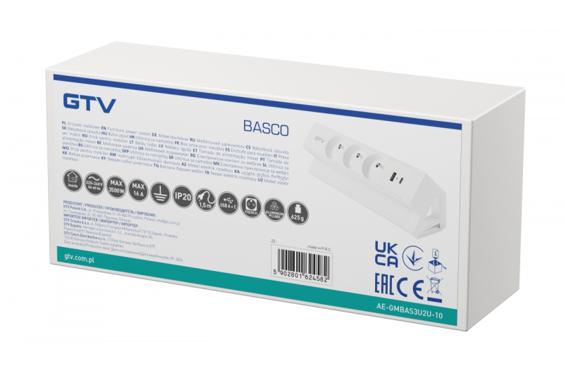 Enchufe de muebles Basco, 3 x enchufe con toma de tierra, USB A+C, cable de 1,5 m, blanco con montaje
