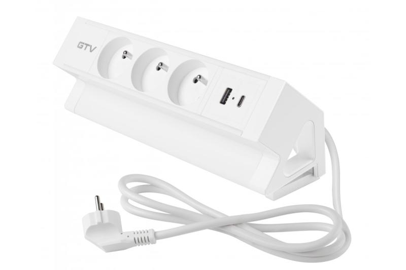 Enchufe de muebles Basco, 3 x enchufe con toma de tierra, USB A+C, cable de 1,5 m, blanco con montaje