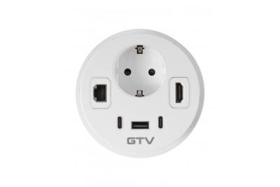 Furniture socket RONDO, 1xSHUKO, 1xUSB-A, 2xUSB-C, HDMI, RJ45 cable 1.5 m, white