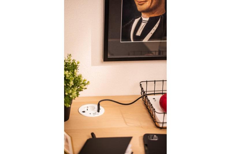 Toma de corriente para muebles RONDO, 1xSCHUKO, 1xUSB-A, 2xUSB-C, HDMI, cable RJ45 1.5 m, blanco