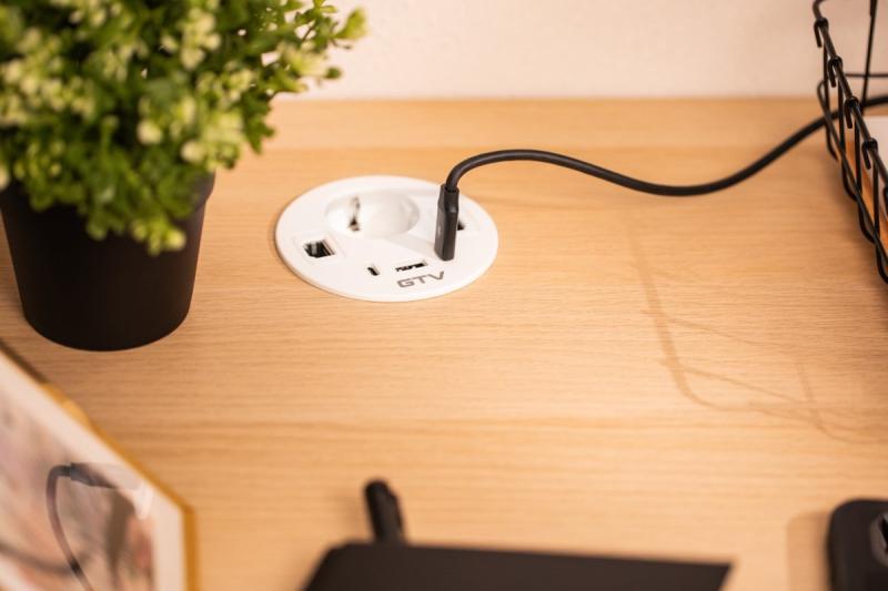 Toma de corriente para muebles RONDO, 1xSCHUKO, 1xUSB-A, 2xUSB-C, HDMI, cable RJ45 1.5 m, blanco