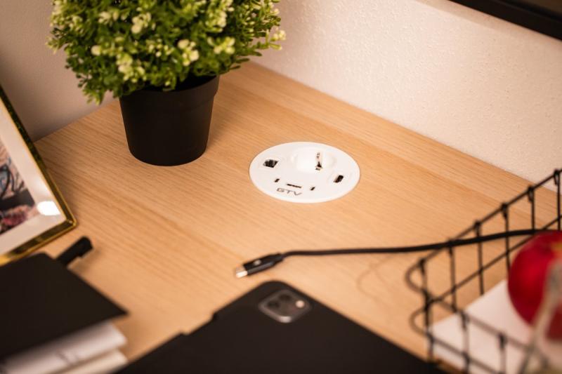 Toma de corriente para muebles RONDO, 1xSCHUKO, 1xUSB-A, 2xUSB-C, HDMI, cable RJ45 1.5 m, blanco