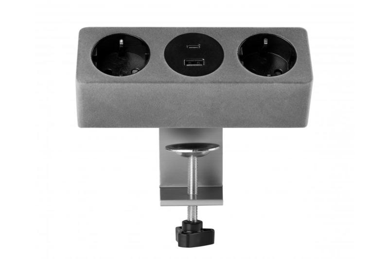 Enchufe para muebles SOFITO, 2xSCHUKO, USB A+C, cable de 1.5 m, flocado gris