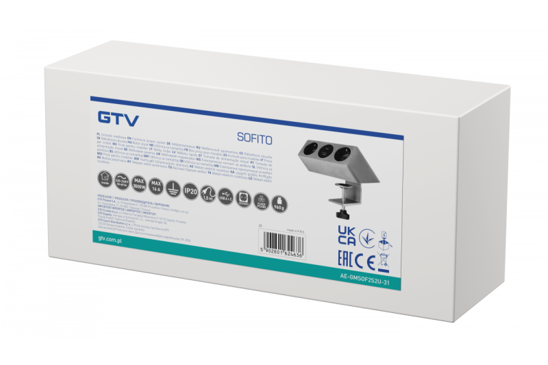 Enchufe para muebles SOFITO, 2xSCHUKO, USB A+C, cable de 1.5 m, flocado gris