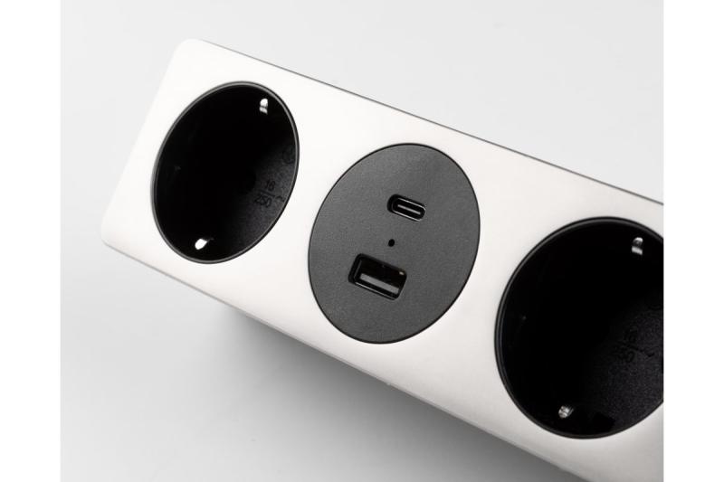 Enchufe para muebles SOFITO, 2xSCHUKO, USB A+C, cable 1.5 m, acero inoxidable