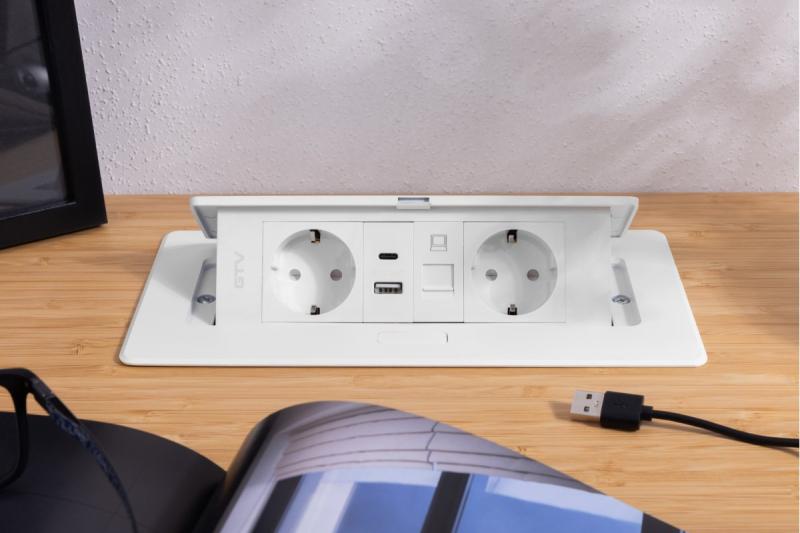 Enchufe para muebles MULTISOFT, 2xSCHUKO, USB A+C, RJ45, cable 1.5 m, blanco