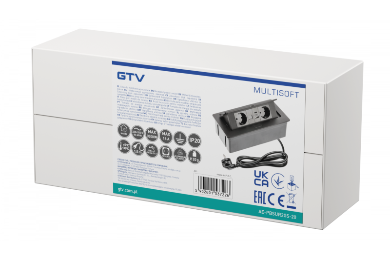 Enchufe de muebles MULTISOFT, 2xSCHUKO, USB A+C, RJ45, cable de 1.5 m, negro