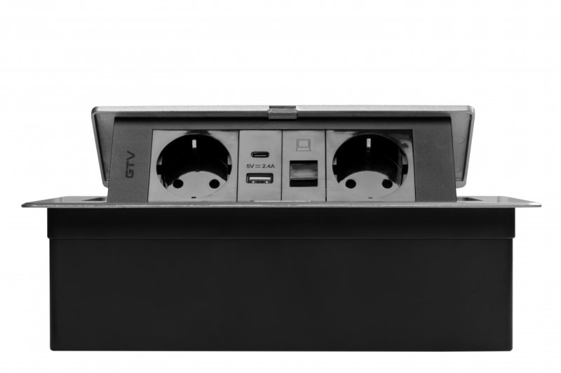 Enchufe de muebles MULTISOFT, 2xSHUKO, USB A+C, RJ45, cable 1.5 m, aluminio