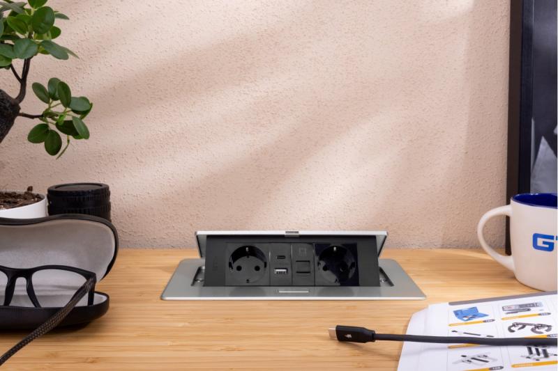 Enchufe de muebles MULTISOFT, 2xSHUKO, USB A+C, RJ45, cable 1.5 m, aluminio