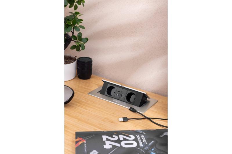 Enchufe de muebles MULTISOFT, 2xSHUKO, USB A+C, RJ45, cable 1.5 m, aluminio