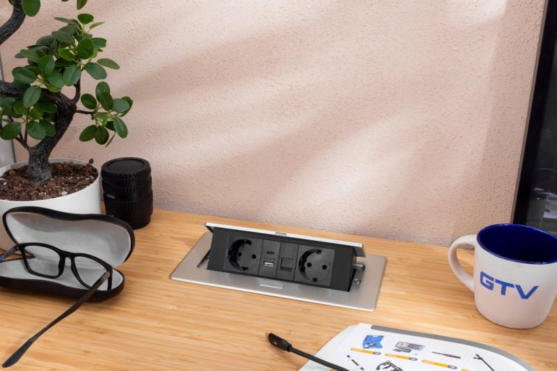 Enchufe de muebles MULTISOFT, 2xSHUKO, USB A+C, RJ45, cable 1.5 m, aluminio