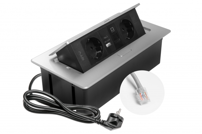 Enchufe de muebles MULTISOFT, 2xSHUKO, USB A+C, RJ45, cable 1.5 m, aluminio