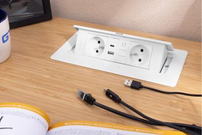 MULTISOFT Furniture Socket 2x Socket with Earthing, USB A+C, RJ45, Power Cable with Plug, White