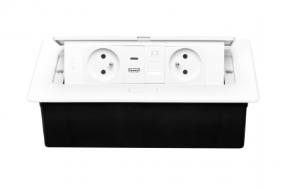 MULTISOFT Furniture Socket 2x Socket with Earthing, USB A+C, RJ45, Power Cable with Plug, White