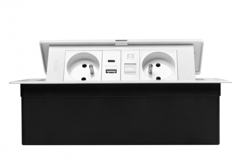 MULTISOFT Toma de corriente para muebles 2x Enchufe con toma de tierra, USB A+C, RJ45, Cable de alimentación con enchufe, Blanco