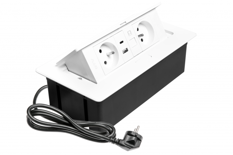 MULTISOFT Toma de corriente para muebles 2x Enchufe con toma de tierra, USB A+C, RJ45, Cable de alimentación con enchufe, Blanco