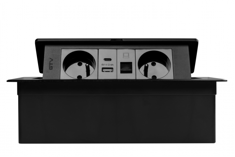 MULTISOFT Toma de Corriente para Muebles 2x Enchufe con Toma de Tierra, USB A+C, RJ45, Cable de Alimentación con Enchufe, Negro