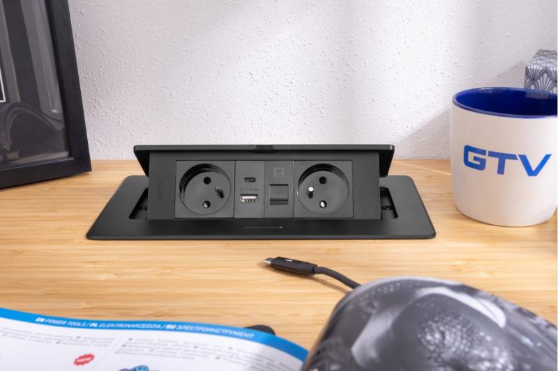 MULTISOFT Toma de Corriente para Muebles 2x Enchufe con Toma de Tierra, USB A+C, RJ45, Cable de Alimentación con Enchufe, Negro