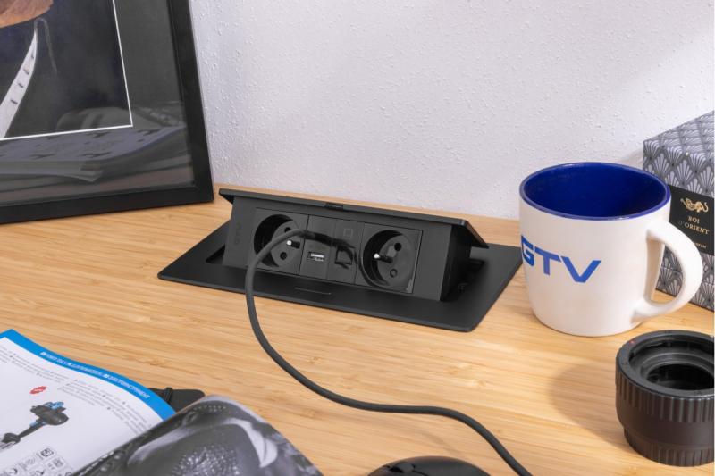 MULTISOFT Toma de Corriente para Muebles 2x Enchufe con Toma de Tierra, USB A+C, RJ45, Cable de Alimentación con Enchufe, Negro