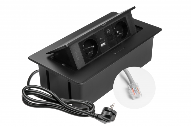 MULTISOFT Toma de Corriente para Muebles 2x Enchufe con Toma de Tierra, USB A+C, RJ45, Cable de Alimentación con Enchufe, Negro