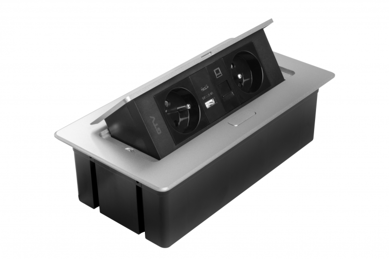 MULTISOFT Toma de Corriente para Muebles 2x Toma con Tierra, USB A+C, RJ45, Cable de Alimentación con Enchufe, Aluminio