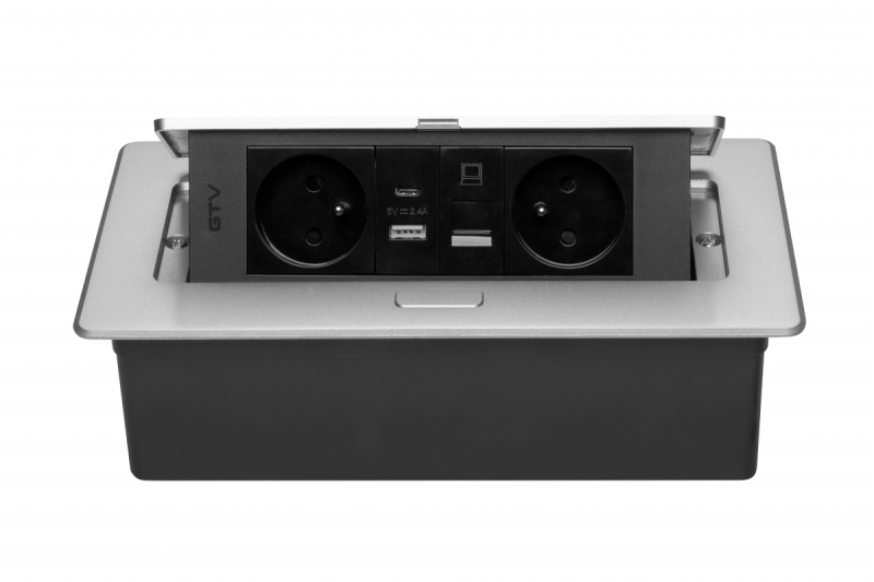 MULTISOFT Toma de Corriente para Muebles 2x Toma con Tierra, USB A+C, RJ45, Cable de Alimentación con Enchufe, Aluminio