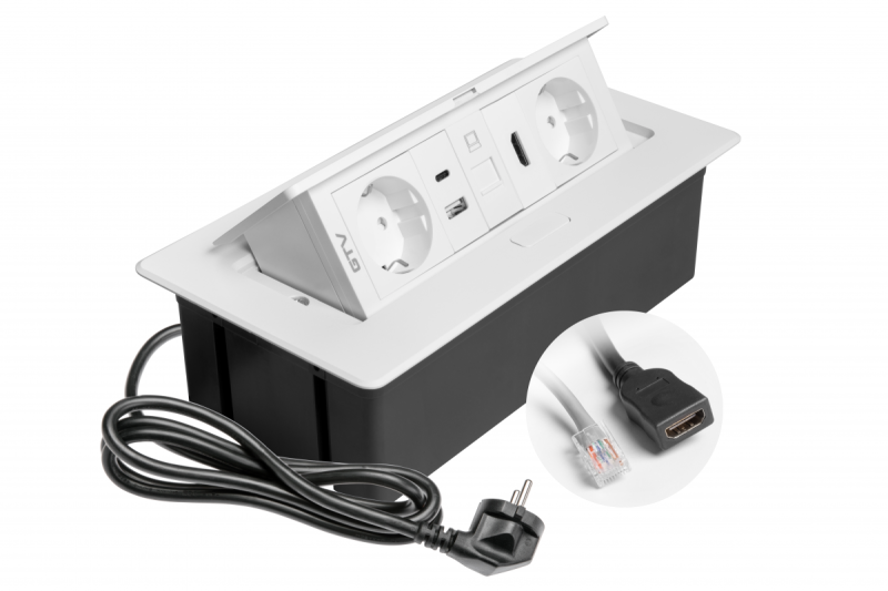 Enchufe de muebles MULTISOFT, 2xSHUKO, USB A+C, RJ45, HDMI, cable 1,5 m, blanco