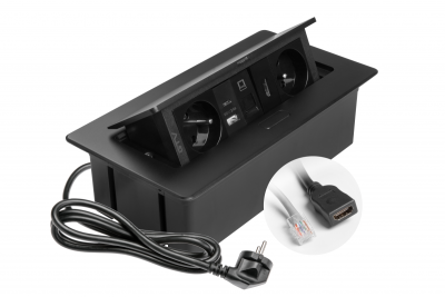 Furniture socket MULTISOFT, 2xSHUKO, USB A+C, RJ45, HDMI cable 1.5 m, black