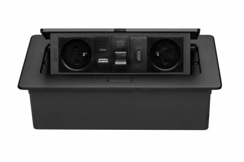 Enchufe para muebles MULTISOFT, 2xSCHUKO, USB A+C, RJ45, cable HDMI 1.5 m, negro