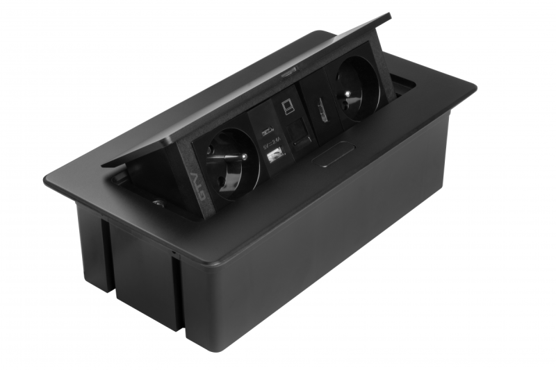 Enchufe para muebles MULTISOFT, 2xSCHUKO, USB A+C, RJ45, cable HDMI 1.5 m, negro