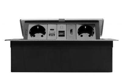 Furniture socket MULTISOFT, 2xSHUKO, USB A+C, RJ45, HDMI cable 1.5 m, aluminum