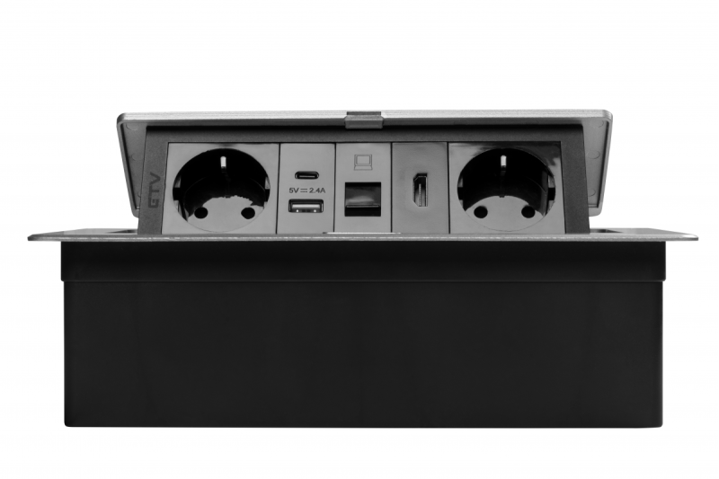 Enchufe para muebles MULTISOFT, 2xSCHUKO, USB A+C, RJ45, cable HDMI 1.5 m, aluminio