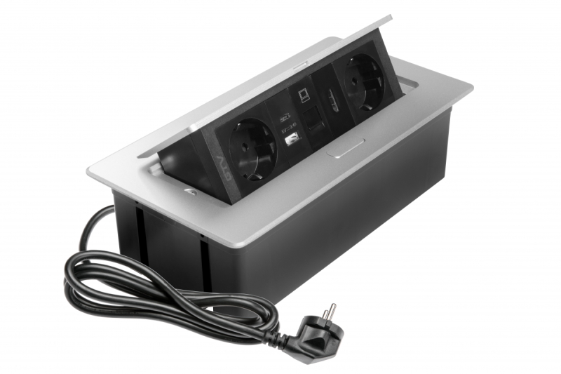 Enchufe para muebles MULTISOFT, 2xSCHUKO, USB A+C, RJ45, cable HDMI 1.5 m, aluminio