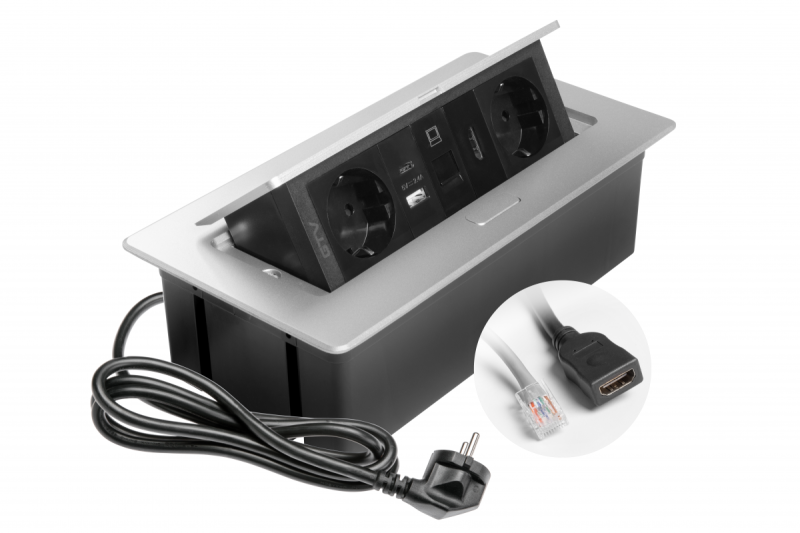 Enchufe para muebles MULTISOFT, 2xSCHUKO, USB A+C, RJ45, cable HDMI 1.5 m, aluminio