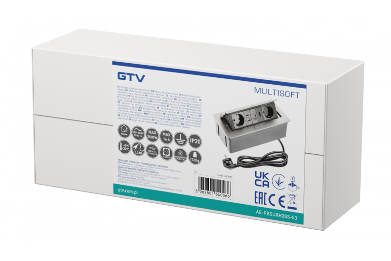 Enchufe para muebles MULTISOFT, 2xSCHUKO, USB A+C, RJ45, cable HDMI 1.5 m, aluminio