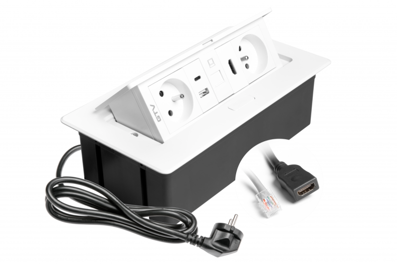 Toma de corriente para muebles MULTISOFT 2x Toma con conexión a tierra, USB A+C, RJ45, HDMI, Cable de alimentación con enchufe, Blanco