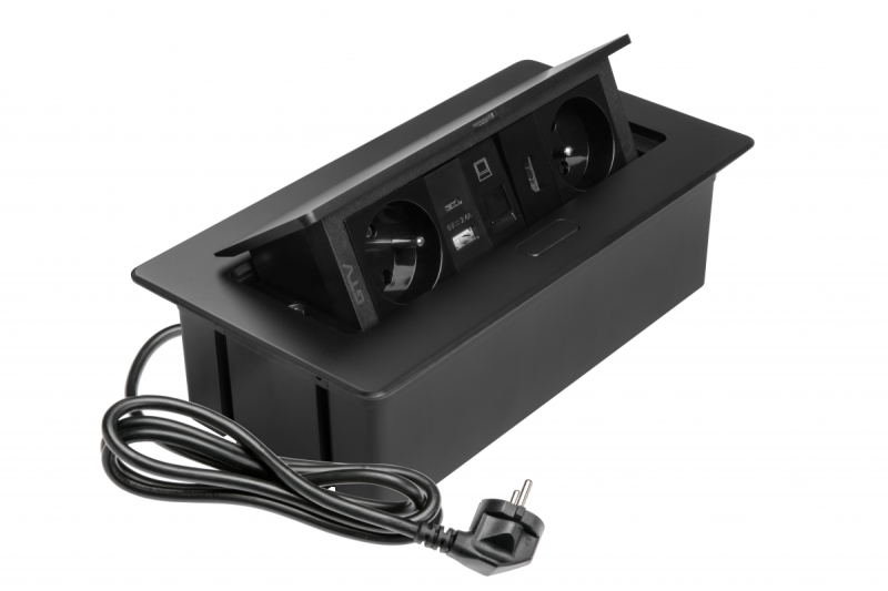 MULTISOFT enchufe para muebles 2x Toma con toma de tierra, USB A+C, RJ45, HDMI, cable de alimentación con enchufe, negro