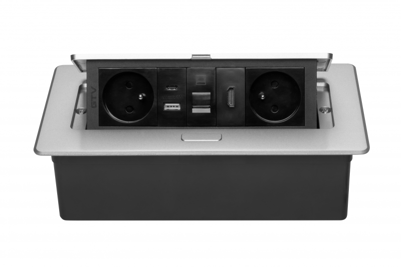 Toma de corriente para muebles MULTISOFT 2x Toma con toma de tierra, USB A+C, RJ45, HDMI, Cable de alimentación con enchufe, Aluminio