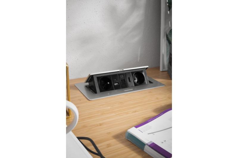 Toma de corriente para muebles MULTISOFT 2x Toma con toma de tierra, USB A+C, RJ45, HDMI, Cable de alimentación con enchufe, Aluminio